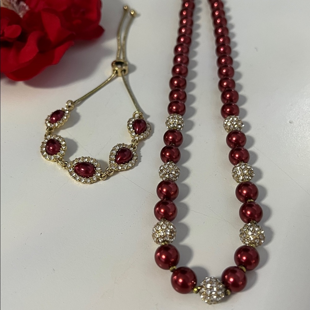 Charter Club NWOT Gold-Toned with Red Beads & Rhinestone Necklace & Bracelet Set